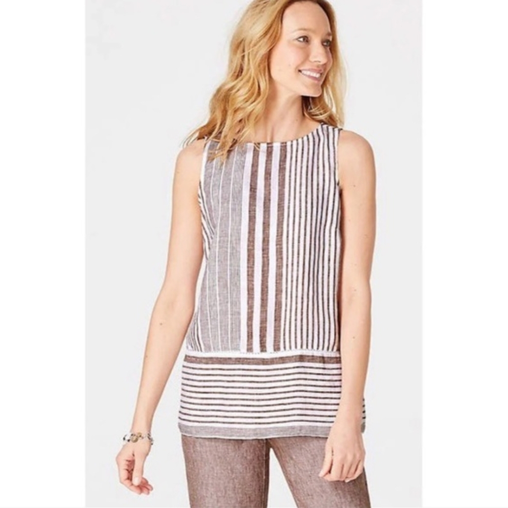 J. Jill Brown and White Striped Linen-Blend Tank